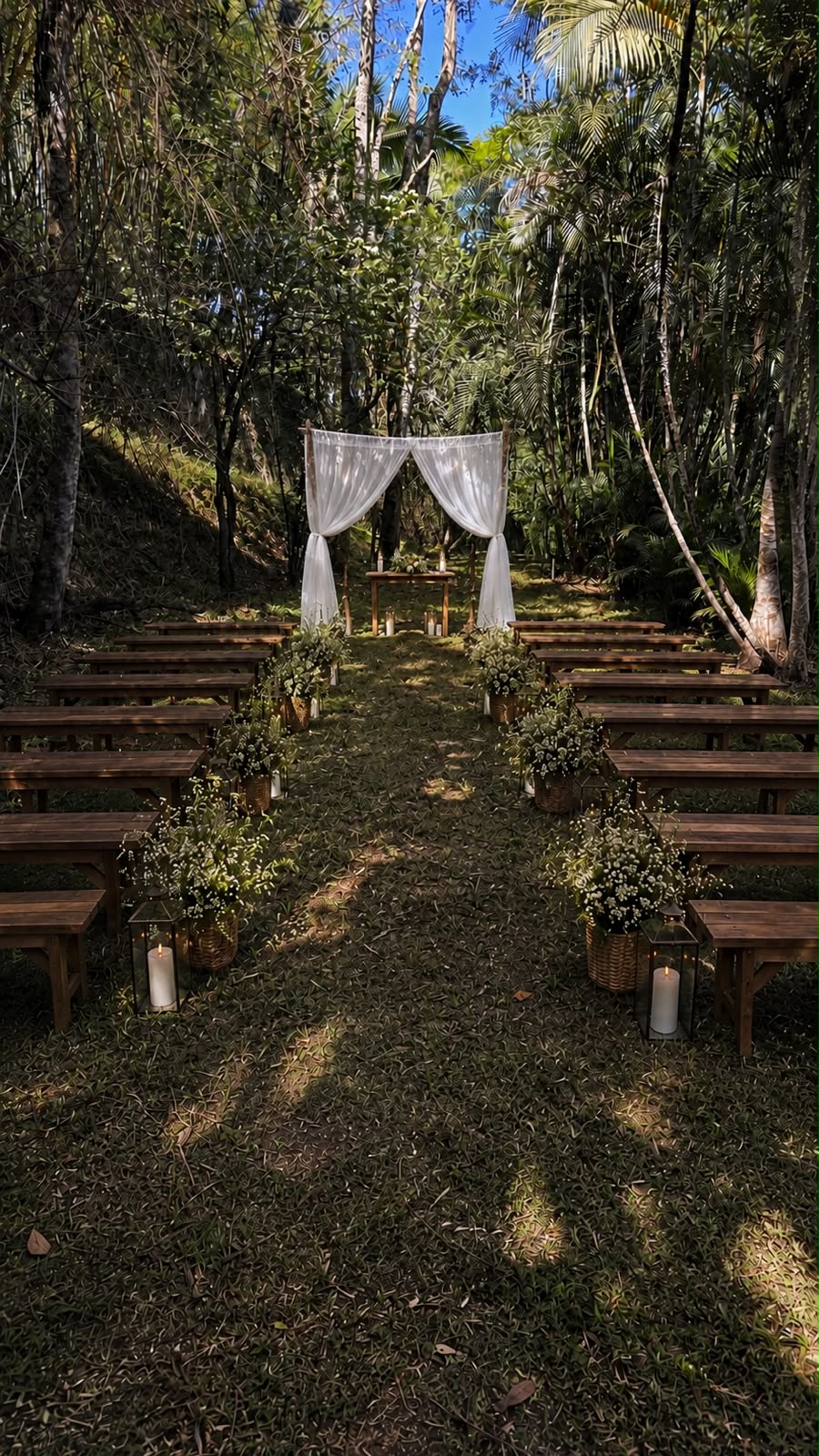 Cerimônia ao ar livre com altar de véus e bancos de madeira na mata